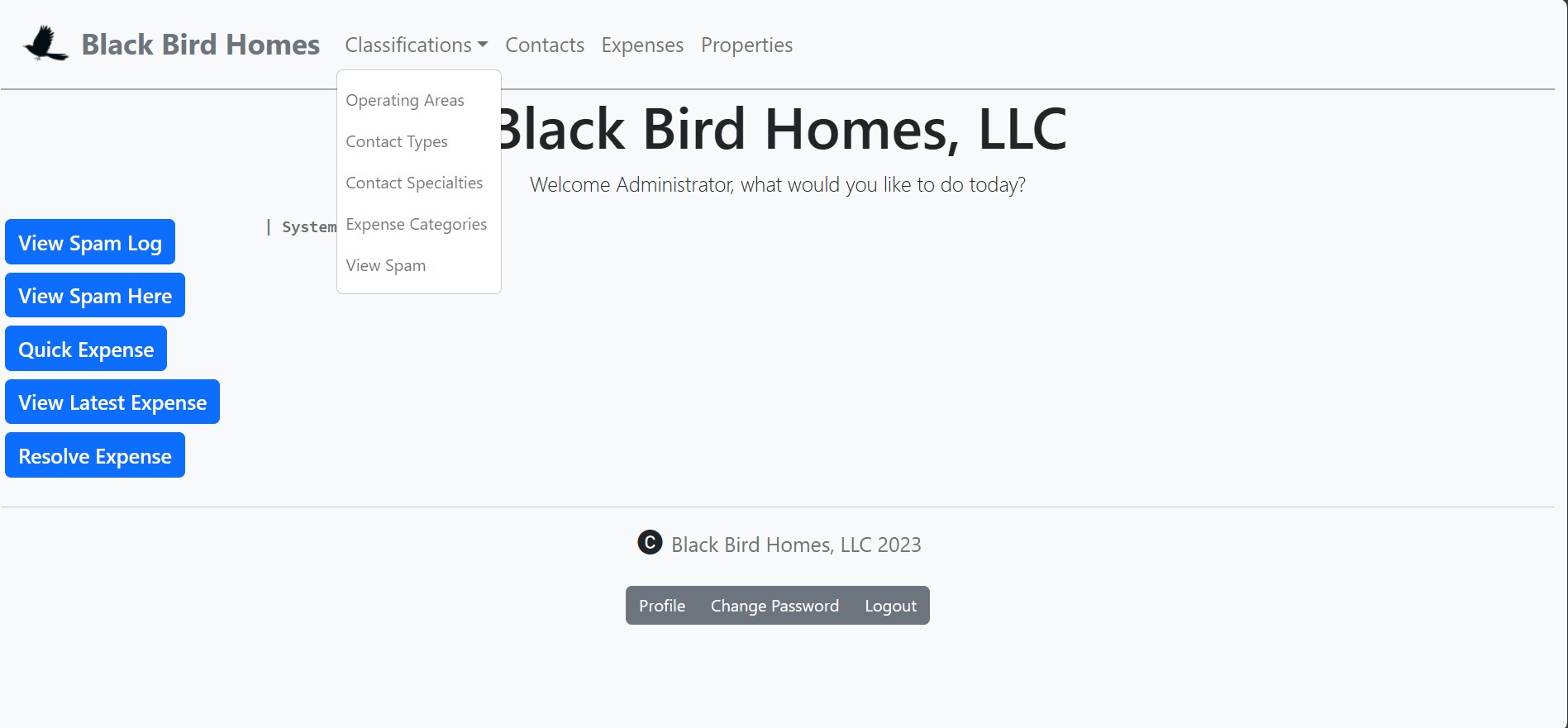 A Screen Capture Of Blackbirdhomesllc.Com Admin Section.
